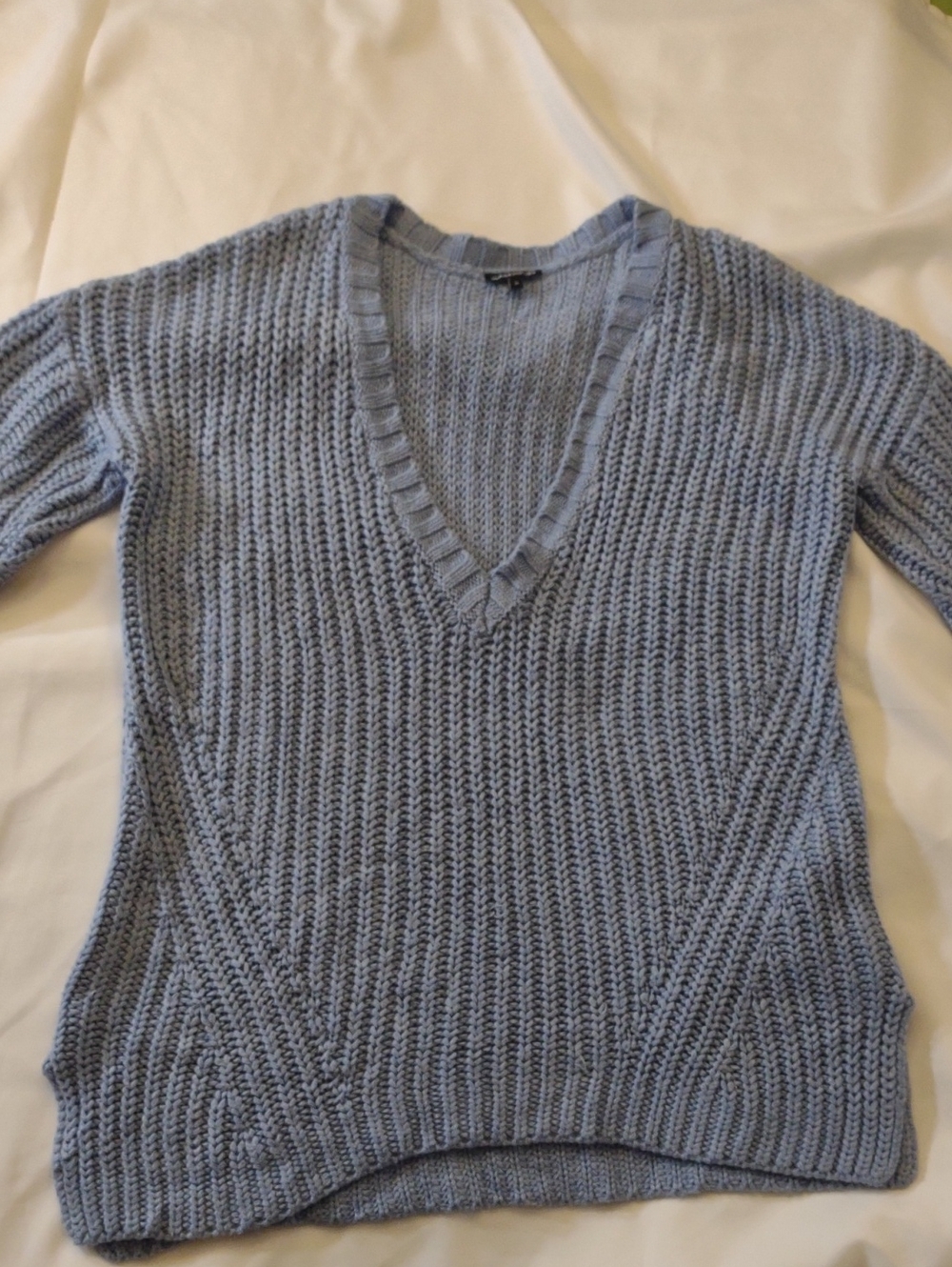 Warehouse Light Blue V-Neck Chunky Knit Short Sleeve Sweater - Size M